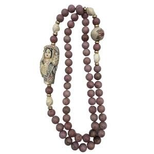 Vintage Japanese Carved Geisha Woman Marbled Pink Beaded Necklace 30” Signed